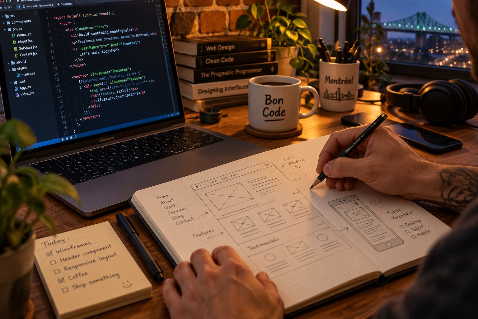 Bureau de l'agence un soir d'hiver : mains sur un carnet de wireframes, ordinateur portable avec du code, mug Montréal, le pont Jacques-Cartier éclairé dans la fenêtre
