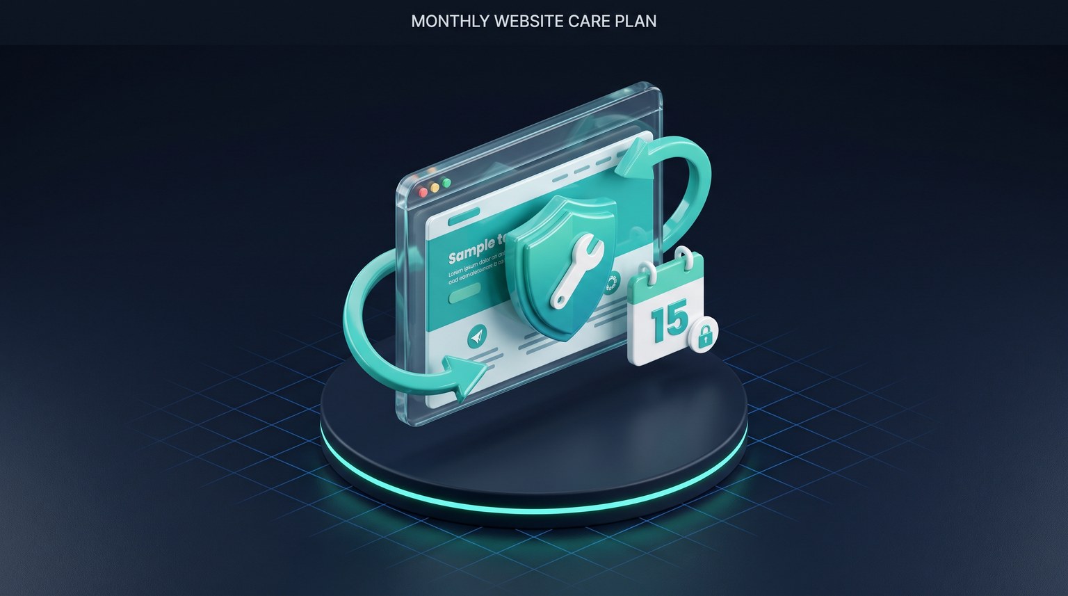 Illustration 3D isométrique du forfait Maintenance — un bouclier avec une clé, des flèches de mise à jour, un calendrier mensuel et un cadenas de sauvegarde autour du site, sur un socle sombre lumineux.
