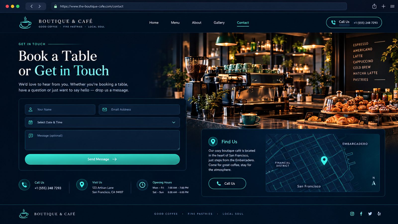 Maquette générique — page de contact et rendez-vous du secteur : Boutique & café