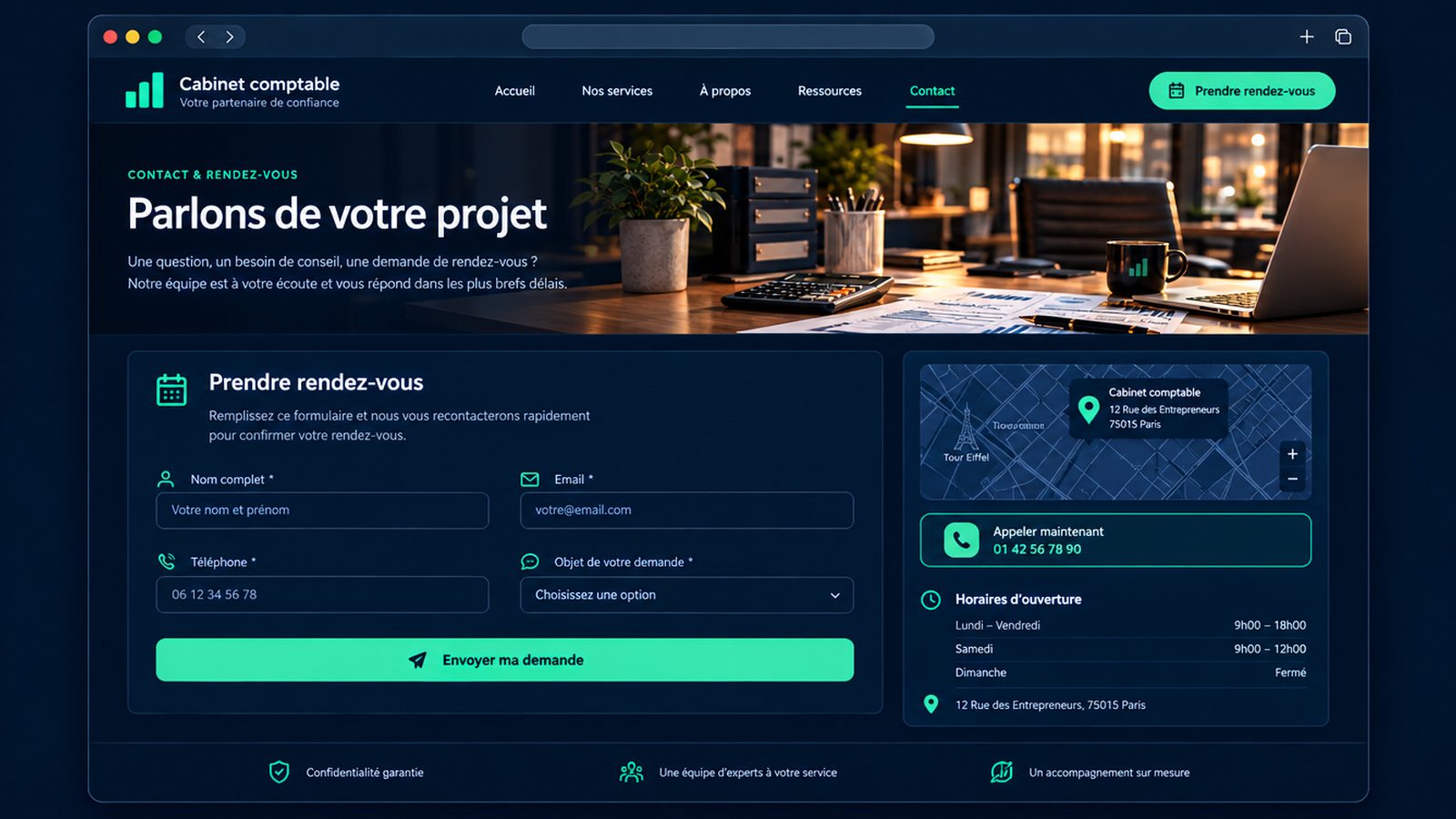 Maquette générique — page de contact et rendez-vous du secteur : Cabinet comptable