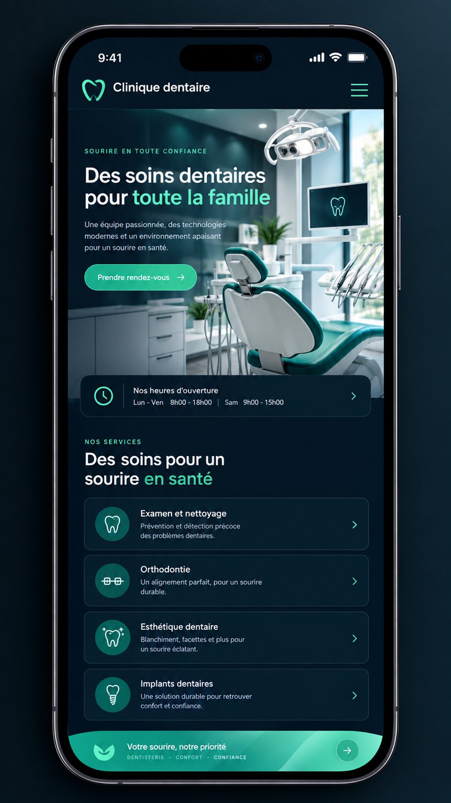 Maquette générique — écran mobile du secteur : Clinique dentaire