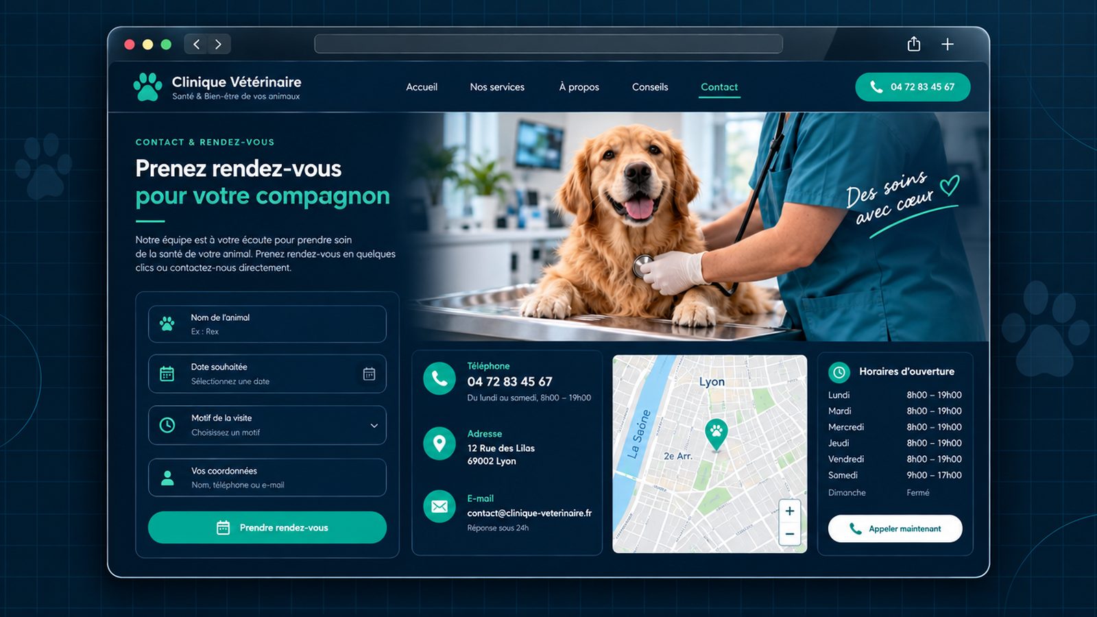 Maquette générique — page de contact et rendez-vous du secteur : Clinique vétérinaire