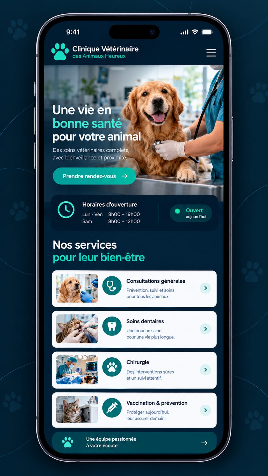 Maquette générique — écran mobile du secteur : Clinique vétérinaire