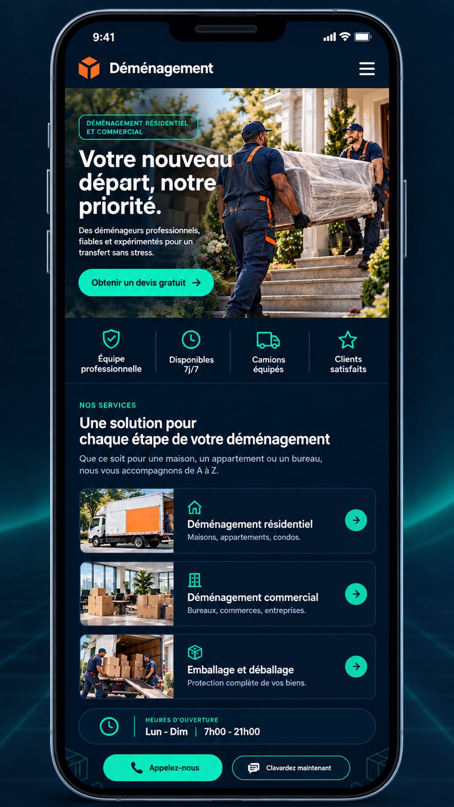 Maquette générique — écran mobile du secteur : Déménagement
