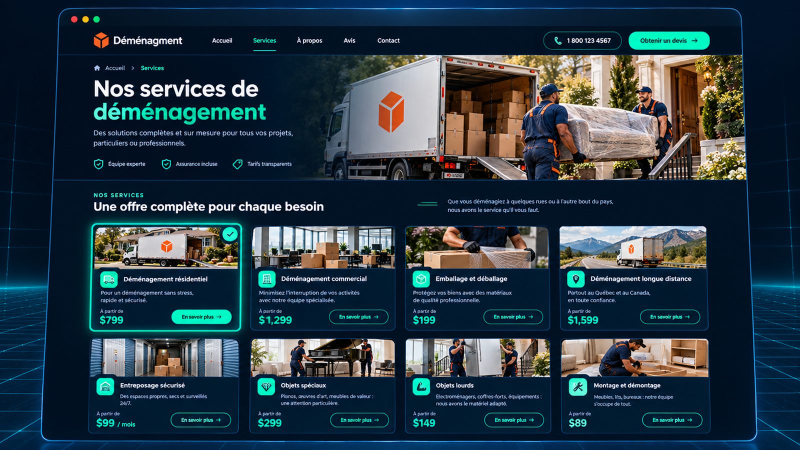 Maquette générique — page de services du secteur : Déménagement