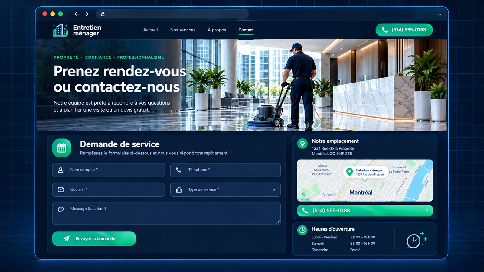 Maquette générique — page de contact et rendez-vous du secteur : Entretien ménager