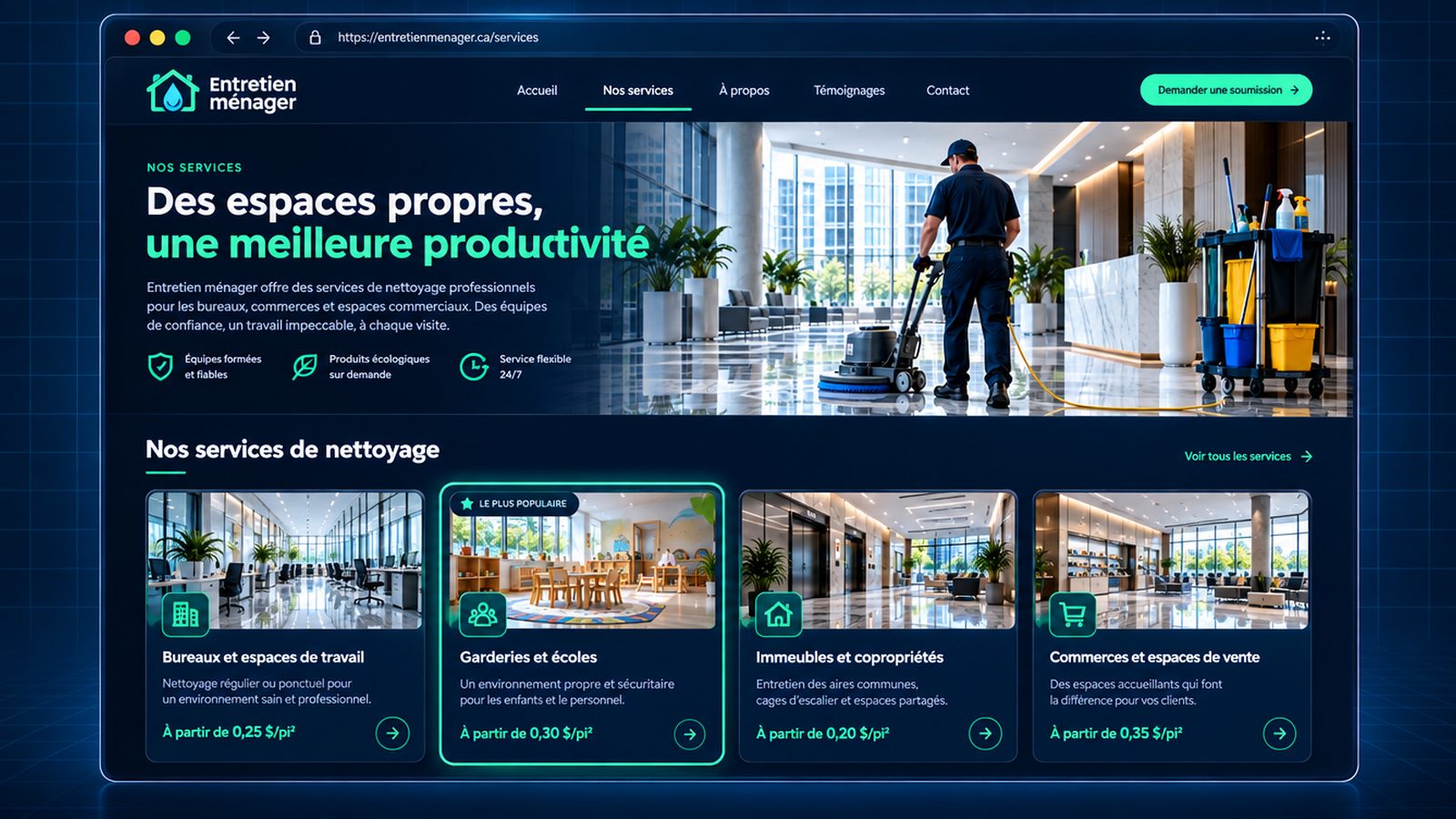 Maquette générique — page de services du secteur : Entretien ménager