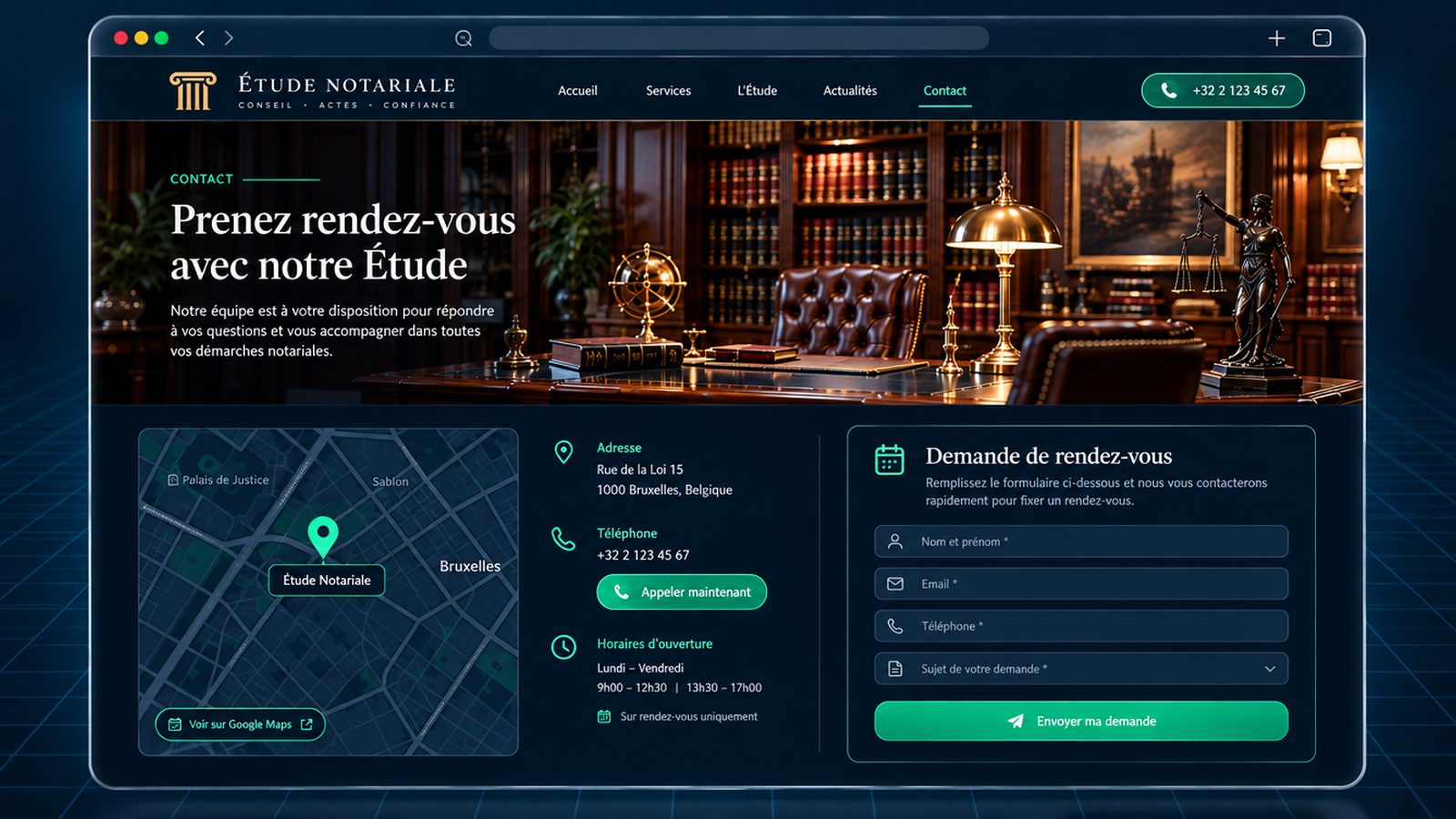 Maquette générique — page de contact et rendez-vous du secteur : Étude notariale