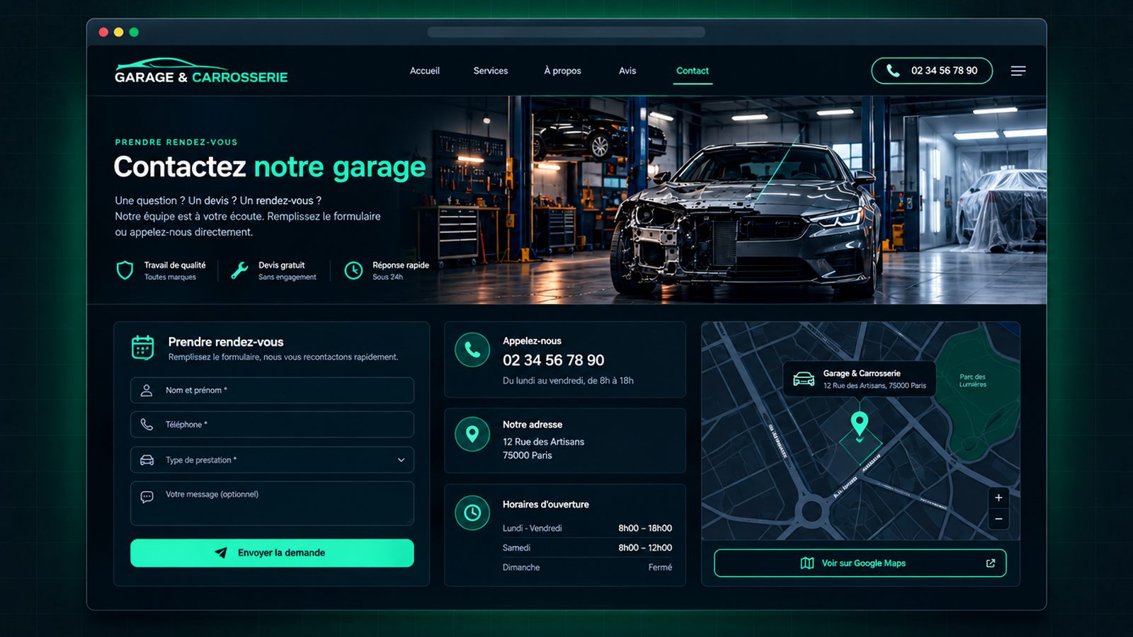 Maquette générique — page de contact et rendez-vous du secteur : Garage & carrosserie