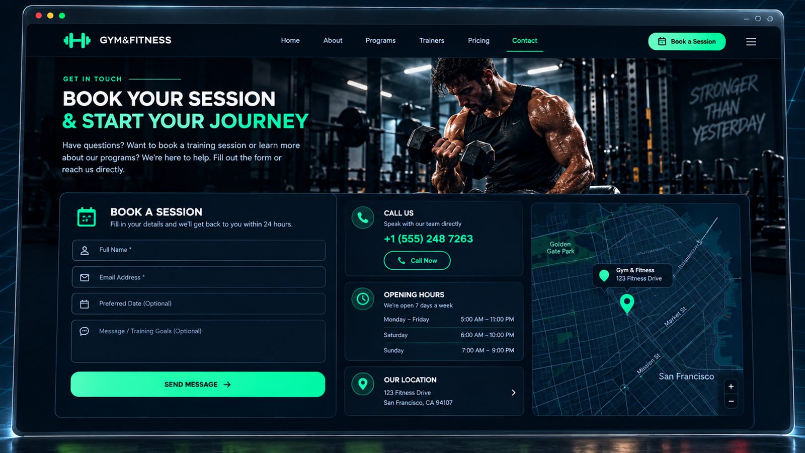 Maquette générique — page de contact et rendez-vous du secteur : Gym & fitness