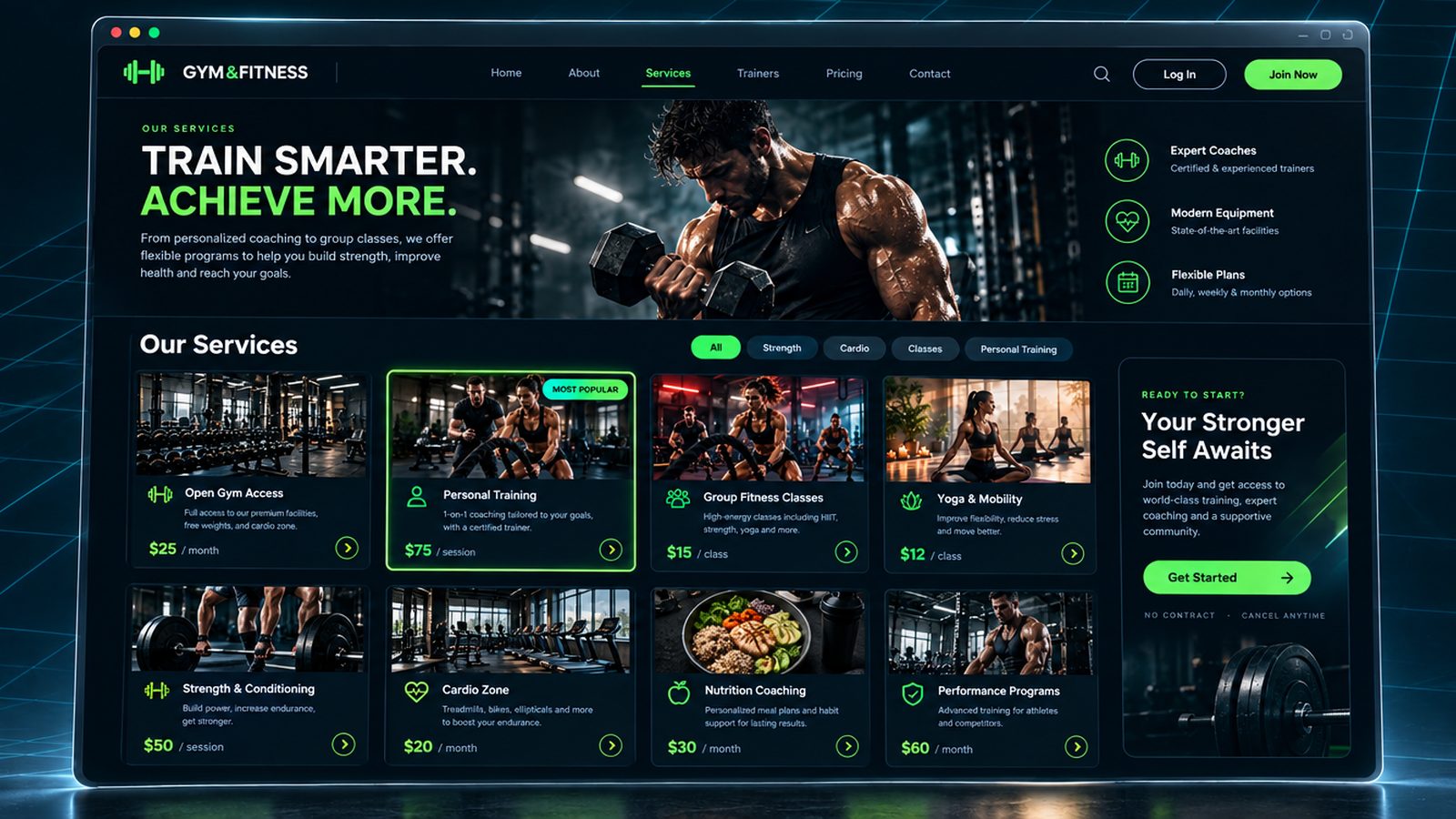 Maquette générique — page de services du secteur : Gym & fitness