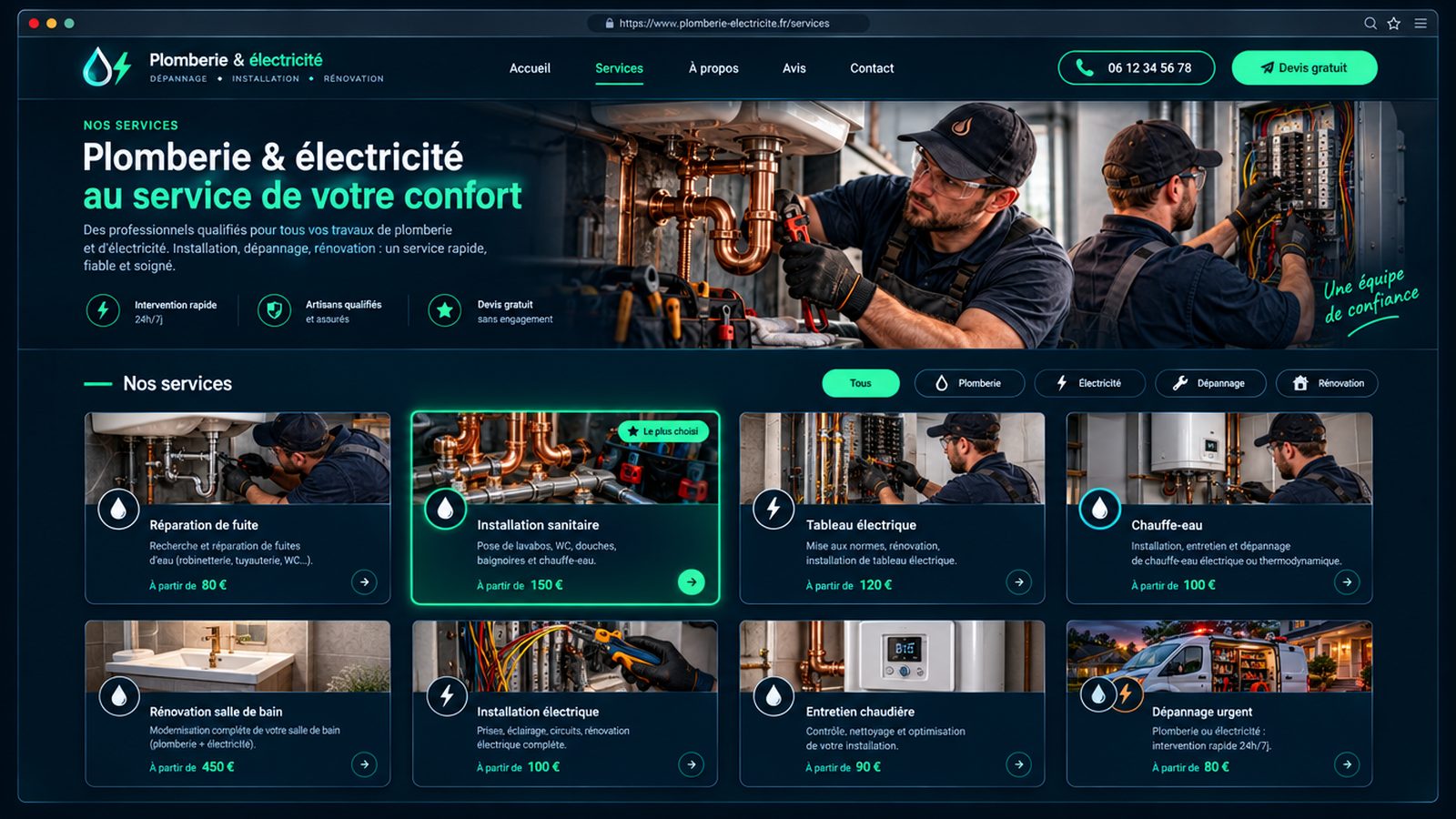 Maquette générique — page de services du secteur : Plomberie & électricité