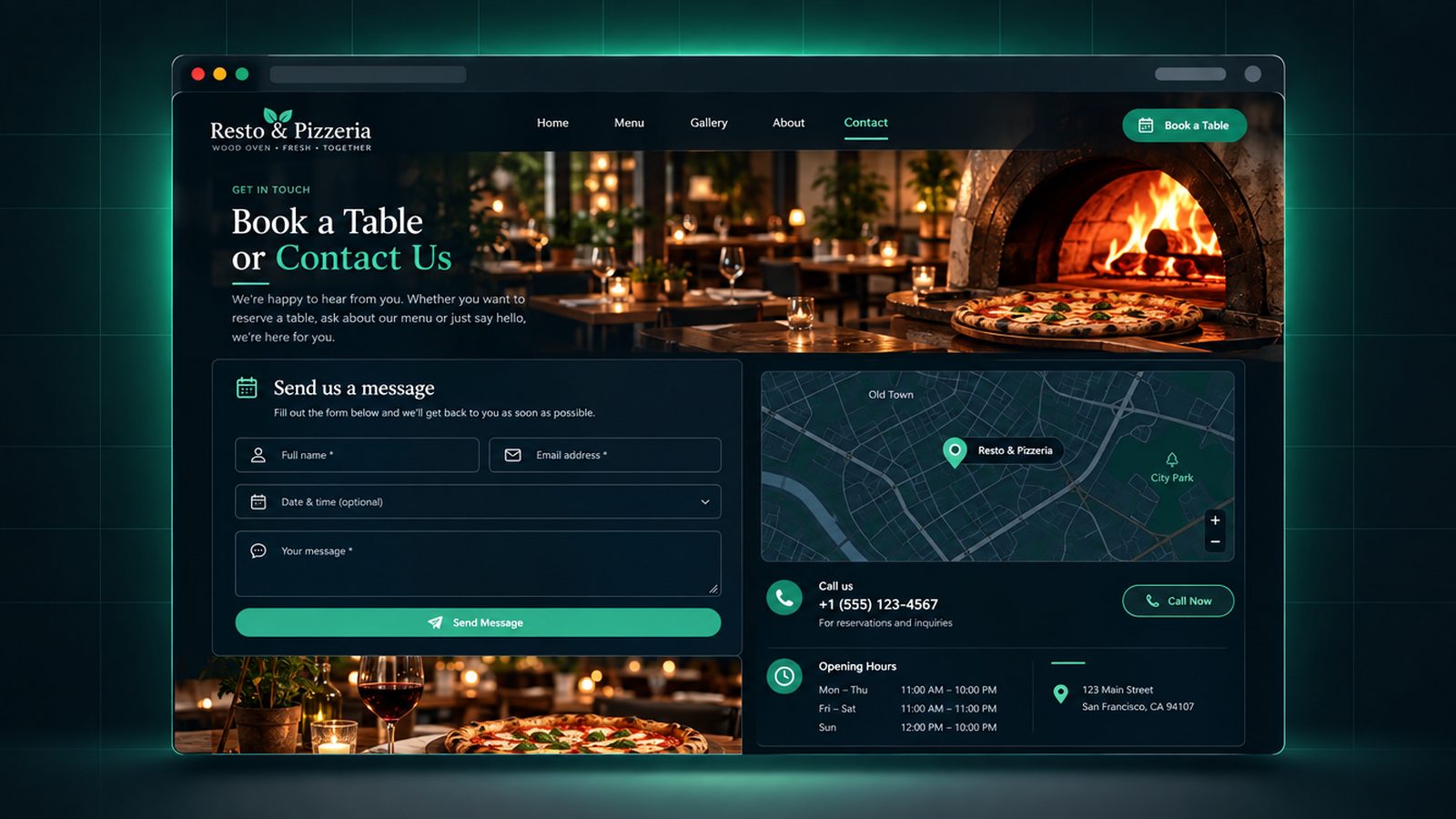 Maquette générique — page de contact et rendez-vous du secteur : Resto & pizzeria