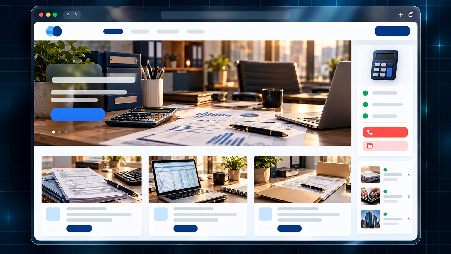 Maquette d'interface générique pour un cabinet comptable : fenêtre propre, bureau en lumière chaude, cartes de services fiscaux et rendez-vous