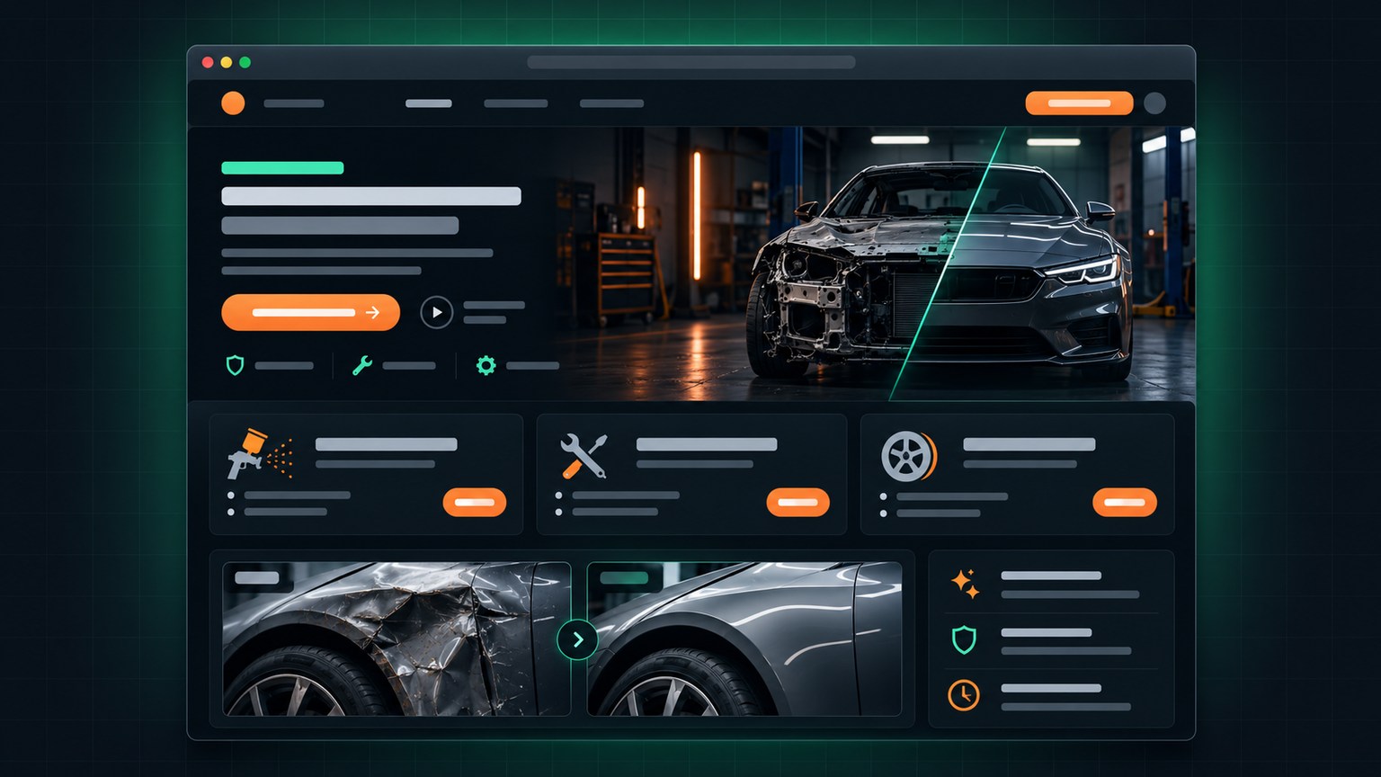 Maquette d'interface générique pour un garage ou une carrosserie : fenêtre sombre, bannière de services, liste en grilles avec boutons orange, images avant-après en placeholder