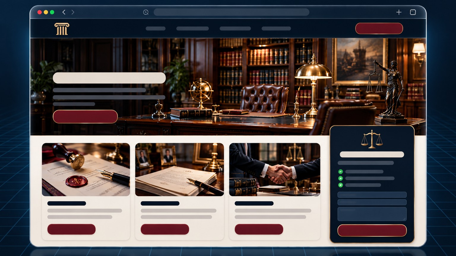 Maquette d'interface générique pour une étude notariale : fenêtre feutrée, bibliothèque de droit, cartes de services juridiques et prise de rendez-vous